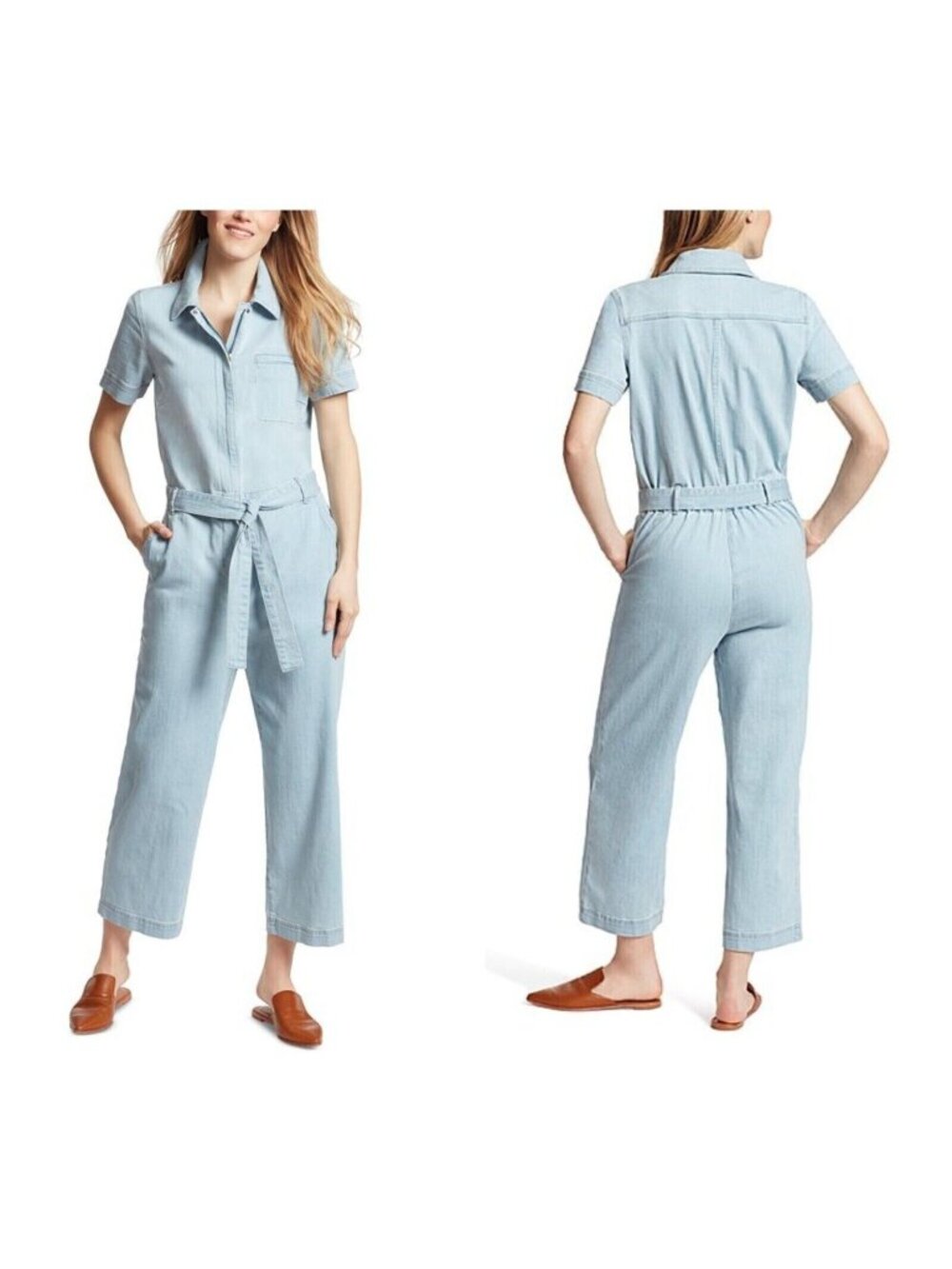 Relaxed Light Wash Denim Cropped Jumpsuit Belted Waist & Short Sleeves